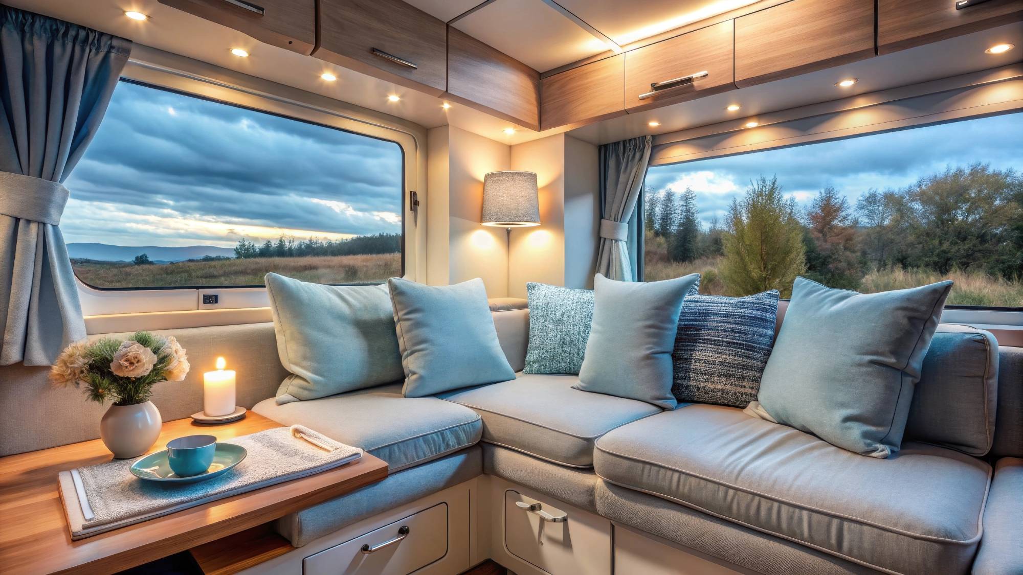 Bild på en hörnsoffa inne i en husvagn som efter en omklädsel nu ser fräsch och inbjudande ut.